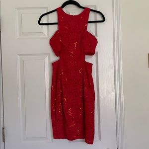 Red body-con dress with cut outs